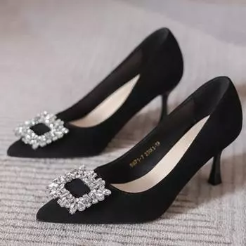 Spring and Summer Fashionable Pointed-toe Stiletto High Heels Rhinestone Versatile Commuting Single Shoes 35 чёрный
