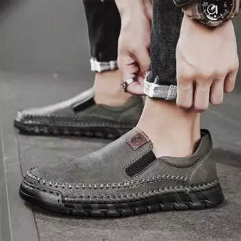 Spring and summer foreign trade new handmade casual men s leather shoes large size stitching one pedal lazy dad leather shoes 38 чёрный