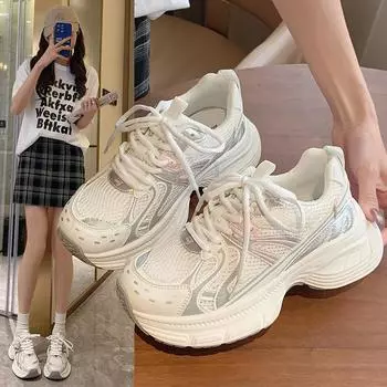 Spring and Summer Height Increasing Pops Shoes Female Fried Street Thick Bottom Retro Breathable Mesh Lightweight Casual Sneakers Tide 35 розовый цвет-серебро