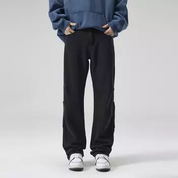 Spring and Summer High Street Trendy Workwear Draped Jeans American Loose Straight Pants Men s Style 28 чёрный