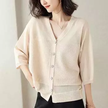 Spring and summer ice silk sunscreen air conditioner shirt thin blouse large size fat mm seven-quarter sleeve outer knitted cardigan women s coat one size fits all