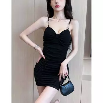 Spring and Summer Inner Wear off-Shoulder Slim Looking Sheath Ruched Short Skirt Fashion with Chest Pad Black Small-Sized Sling Dress Black M