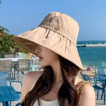 Spring and Summer K-style Sun Hat Female All-Matching Fisherman Hat Travel Outdoor Casual Big Brim Drawstring Sun Protection Sun Hat 8840-khakis
