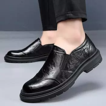 Spring and summer men s new big head leather shoes light luxury business casual leather men s shoes formal shoes platform men s British 38 чёрный