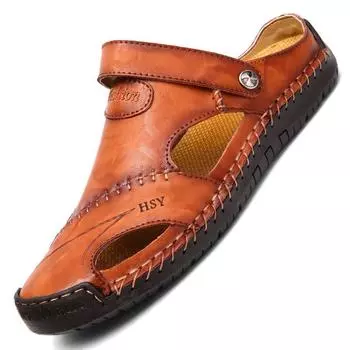 Spring and summer men s sandals men s trendy leather beach shoes casual cool slippers men s shoes sewn shoes 38 чёрный