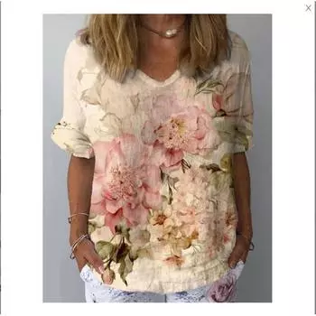 Spring and Summer New 3D Digital Printed Loose Sloping Neck Women s T-shirt S