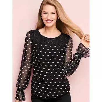 Spring and Summer New Arrival Heavy Weight Recommend Beautiful Swan Polka Dot Jacquard Stitching Lace Fairy Bell Sleeve Shirt Black XS