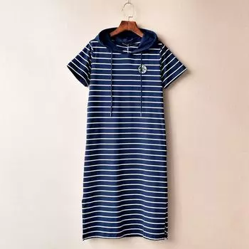 Spring and Summer New Arrival Pure Cotton Stripes Hooded Short Sleeve Dress Casual Loose plus Size Slit over the Knee Midi Skirt Blue and White Stripes XL