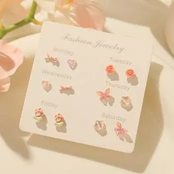 Spring and Summer New Arrival Simple Cute Week Earrings Suit Delicate Girl Heart Silver Needle Small Everyday Joker Earrings [12-piece set] fairy powder (S925 tremella needle)