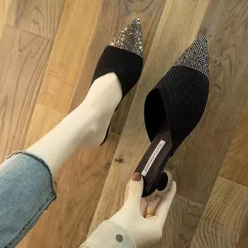 Spring and summer new bag head, medium heel lazy shoes, Korean version of pointed head, half slippers, women s fashion, sexy thick heel commuter shoes 34