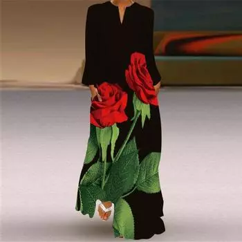 Spring and Summer New Chinese Style Fashion Temperament New Sexy Women Print V-neck Pocket Chiffon Long dress Swing Dress 78 M