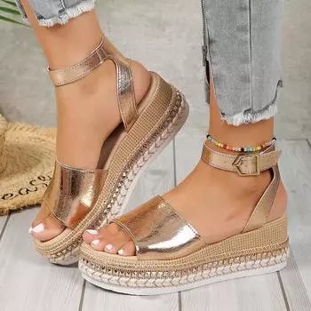 Spring and summer new European and American large-size hollow fish mouth wedge heel sandals women s muffin silver glossy buckle flat women s shoes 36