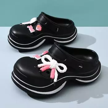 Spring and summer new fashion thick-soled smile color matching women s hole shoes wear bag head, DIY cartoon cool slippers 35-36 чёрный