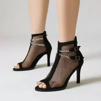 Spring and summer new fish mouth cool boots fine heel super high heel mesh hollowed chain rear zipper mesh color high heels 35