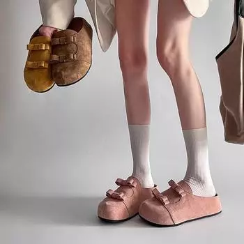 Spring and summer new French round head bow suede flat ballet shoes women s fashion casual one-pedal single shoes 35 розовый