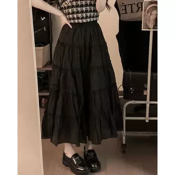 Spring and Summer New Long Skirt Ruffles Big Hem A- line Skirt High Waist Slim Looking Plus Size Female Layer Cake Dress Black M