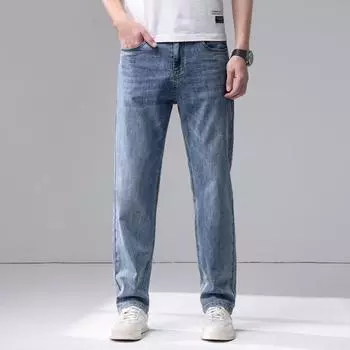 Spring and Summer New Men s Loose Small Straight Stretch Light Business Jeans Trousers Men 28 синий