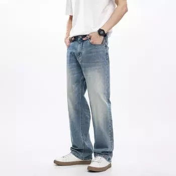 Spring and Summer New Men s Loose Straight American Retro High Street Stretch Denim Trousers 28