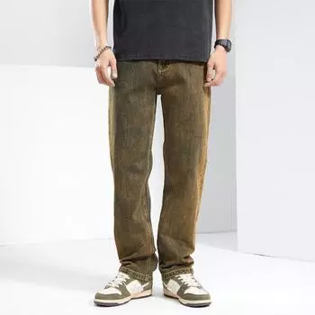 Spring and Summer New Men s Loose Straight American Retro High Street Stretch Denim Trousers 28