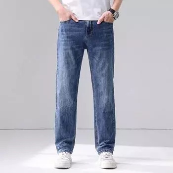 Spring and Summer New Men s Loose Small Straight Stretch Light Business Jeans Trousers Men 28 синий