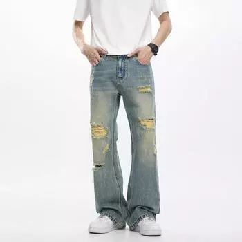 Spring and Summer New Men s New American Retro High Street Ripped Micro-flare Jeans Trousers 28