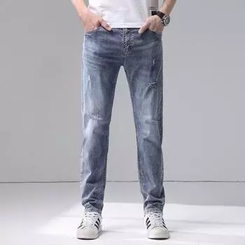 Spring and Summer New Men s Pure Cotton Slim Straight Elastic Ripped Jeans Trousers Men 28 синий