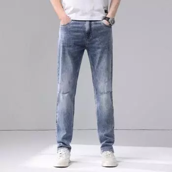 Spring and Summer New Men s Pure Cotton Slim Straight Elastic Ripped Jeans Trousers Men 28