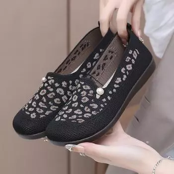 Spring and summer new old Beijing cloth shoes women s flying woven breathable mesh casual Doudou shoes one-pedal flat-soled leopard print single shoes 35 хаки