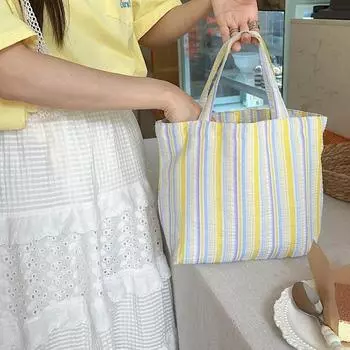 Весенне-летняя новая плиссированная полосатая холщовая сумка, переносная сумка для бенто, сумка для хранения, большая вместимость, ручная сумка для мам