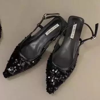 Spring and Summer New Pointy Shoes Sequined Overhead Sandals Black Soles with Sandals Back Tripping Women s Shoes 35 чёрный