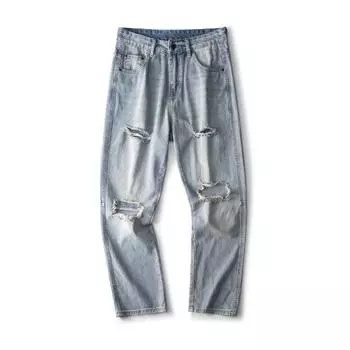 Spring and Summer New Ripped Straight Micro-tip Nostalgic Blue Jeans Denim City 28