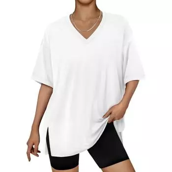 Spring and Summer New Simple and Fashionable Women s Wear Solid V-neck Short-sleeved Split Pullover T-shirt Top S