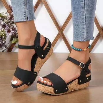 Spring and summer new slope heel sandals foreign trade large size one-word buckle sandals heightened platform water table muffin women s sandals 36