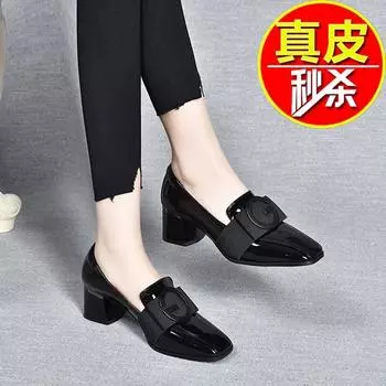 Spring and summer new square head women s shoes thick heel solid color Korean version fashion British style fashion casual high heel wome 35 чёрный