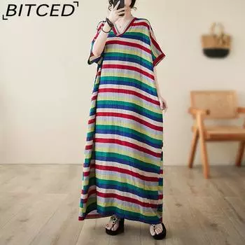 Весна и лето Новое полосатое платье Collision Splicing Fashion Wild Loose Big Yards V-образным вырезом Тонкое длинное женское платье One Size разноцветный