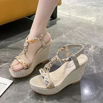 Spring and summer new thick-soled wedge-heeled women s sandals color-matching fabric weaving open-toed empty casual muffin fashion sandals 35 золотой