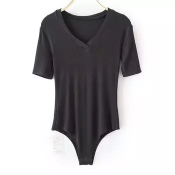 Spring and Summer New V Neck Stretch Silm Crotch Women s T-shirt Minimalist Big V High Waist One-Piece One-Piece Ins Women s Cotton Base Shirt Black S