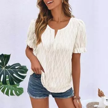 Spring and Summer New V-neck T-shirt Puffed-sleeve Jacquard Women s Casual Loose Short Sleeve 1XL светло-фиолетовый