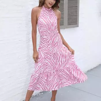Spring and summer new women s clothing round neck sleeveless neck dress striped medium and long dress S розовый