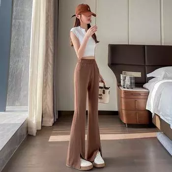 Spring and Summer New Women s Ice Silk Cool Drape Slit Slightly Flared Pants Loose and Tight Waist Casual Nine-inch Pants for Petite Figures S чёрный