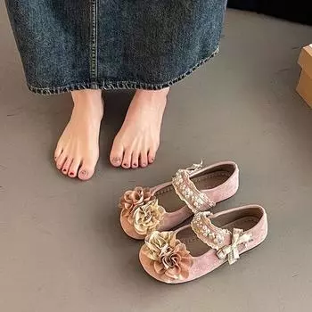 Spring and summer new women s single shoes flat bottom round head shallow mouth retro casual flower chain buckle suede ballet shoes 35 розовый