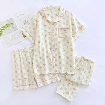 Весна и лето Новый женский пижамный комплект из трех предметов 100% хлопковый креп с короткими рукавами + шорты + брюки комплект пижамы M