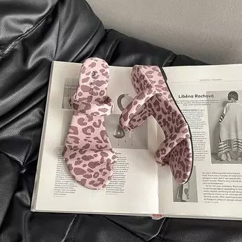 Spring and summer niche pink leopard print sandals women s summer word with soft-soled slope heel cool slippers shoes 35