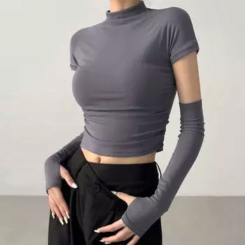 Spring and Summer Oversleeves Ruched Silm Waist-Controlled Top T-Shirt Gray M