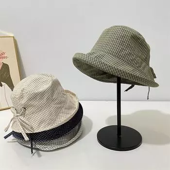 Spring and Summer Plaid Crimped Bucket Hat Women s Big Eaves Quick-drying Sunshade Sunscreen Basin Hat ONE SIZE тёмно-синий