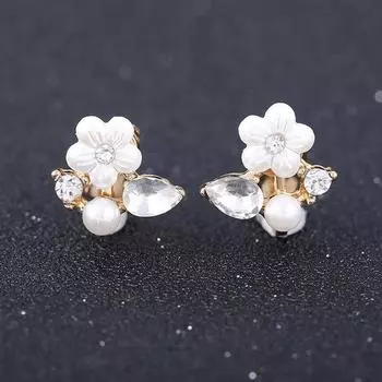 Spring and Summer Rhinestone Flower Imitation Pearl Earrings Without Ear Piercings