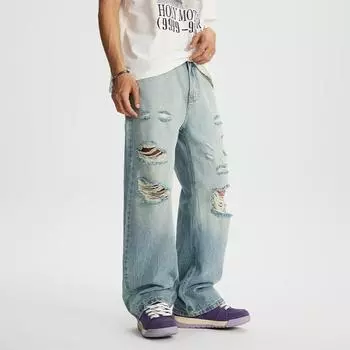 Spring and Summer Ripped Super Soft Tinel Loose Straight Wide-leg Pants Jeans Men S