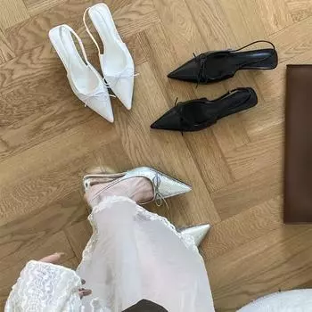 Spring And Summer Silver Pointed Head Sweet Bow Temperament Single Shoes French Bag Head Thick Heel Sandals Outer Wear 35 серебряный