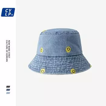 Spring and summer simple smiley face embroidered denim bucket hat female Harajuku retro basin hat sun protection visor male M56-58cm чёрный