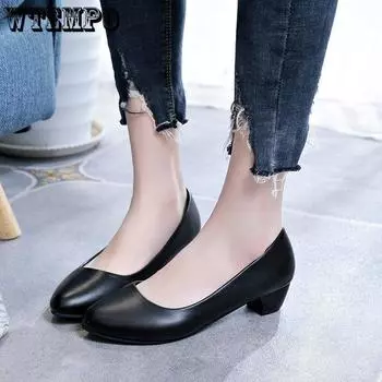 Spring and Summer Single Shoe Women s Shoes Large Size Simple Thick Heel Shallow Mouth Round Toe Work Shoes 35